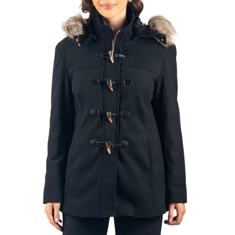 Alpine Swiss Duffy Womens Wool Blend Toggle Coat Removable Faux Fur Hood Classic Duffle Overcoat Warm Winter Jacket BLK L - Image 2